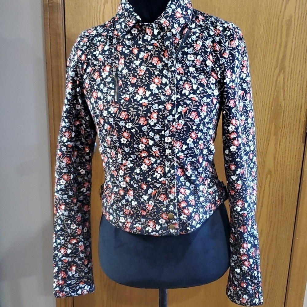 Anthropologie hei hei floral denim moto zip insulated lined jacket